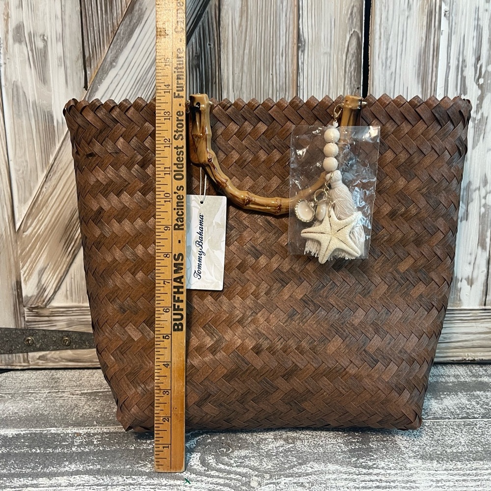 Tommy Bahama NWT Large Woven Tote Bag Brown Bamboo Handle Beach Resort Purse - Picture 4 of 12